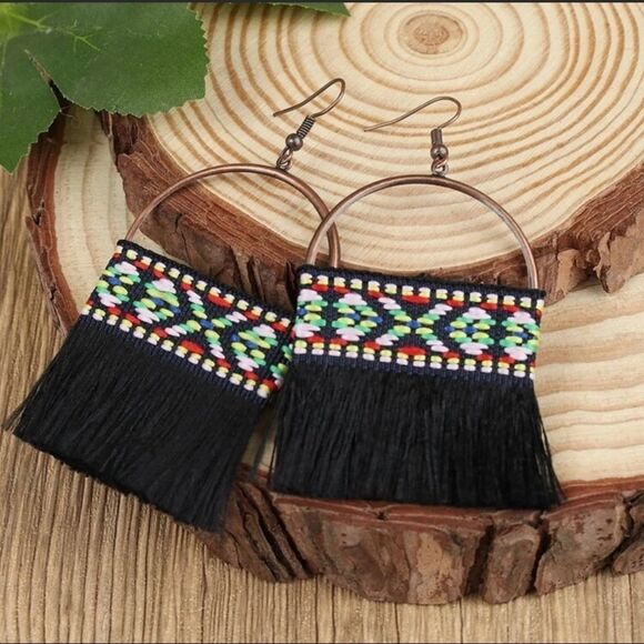 Copper and Black Fringe Tassel Earrings - Picture 2 of 3